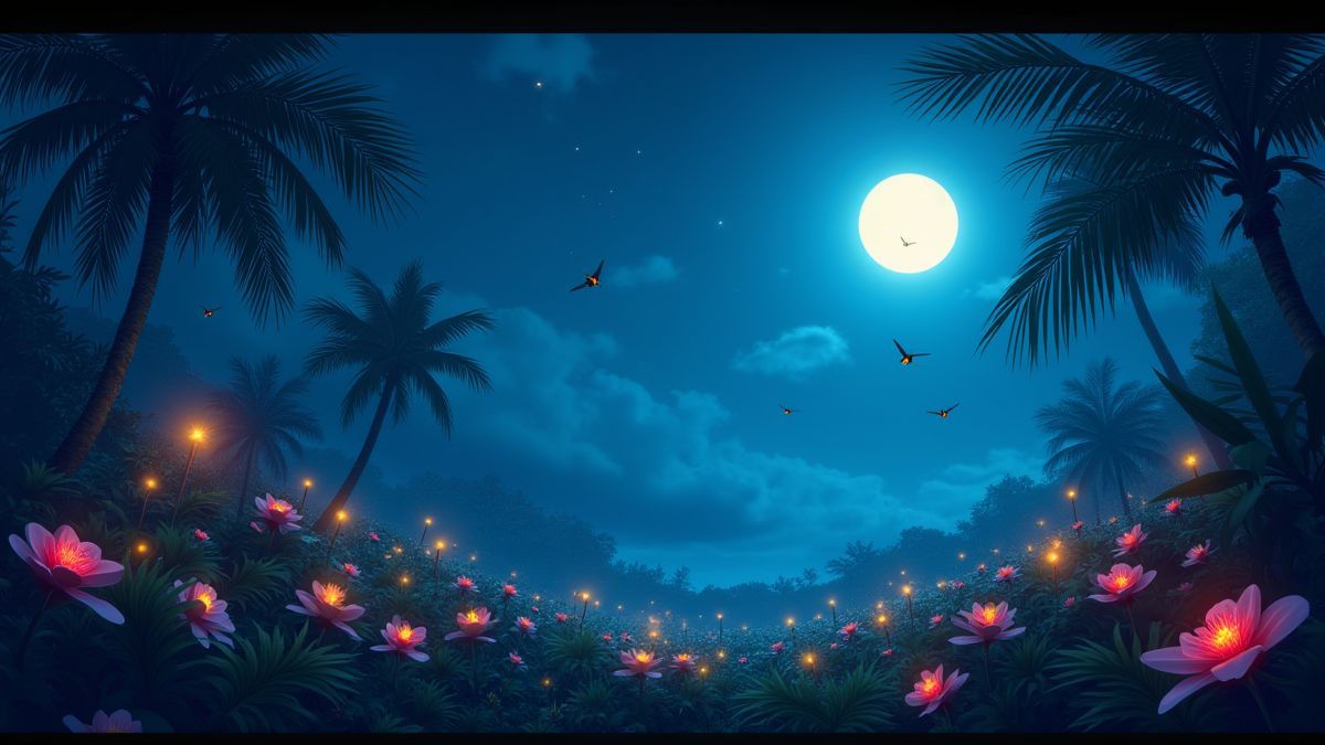 Tropical night scene with glowing fireflies and flowers under a full moon.