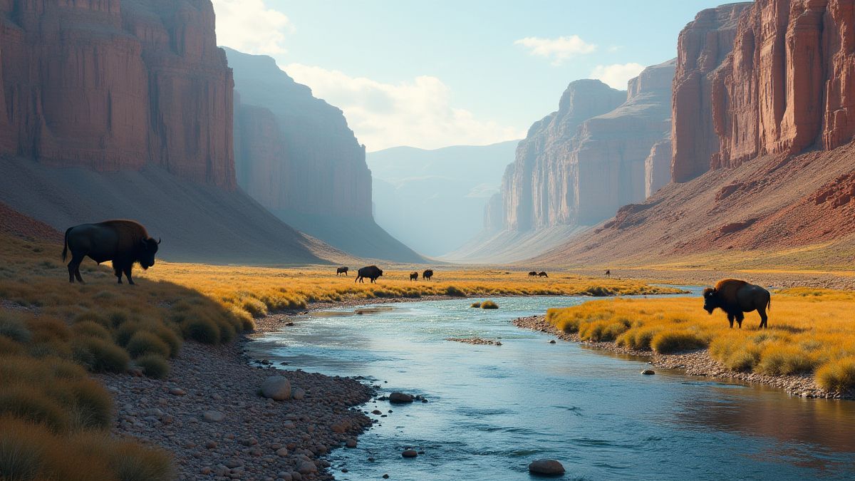 Río tranquilo en un cañón con búfalos pastando.