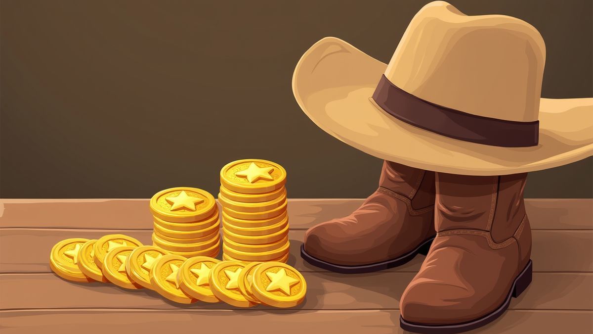 Sombrero de vaquero et botas junto a monedas de oro.