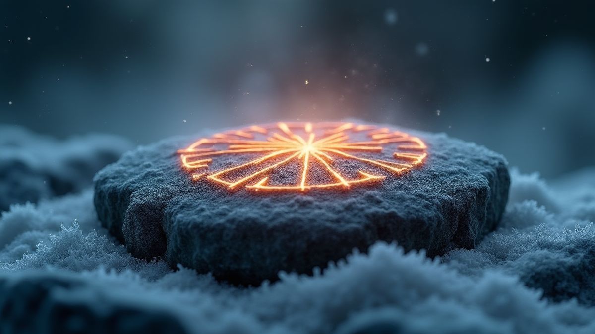 Een gloeiende rune steen omringd door ijzige mist en Viking symbolen.