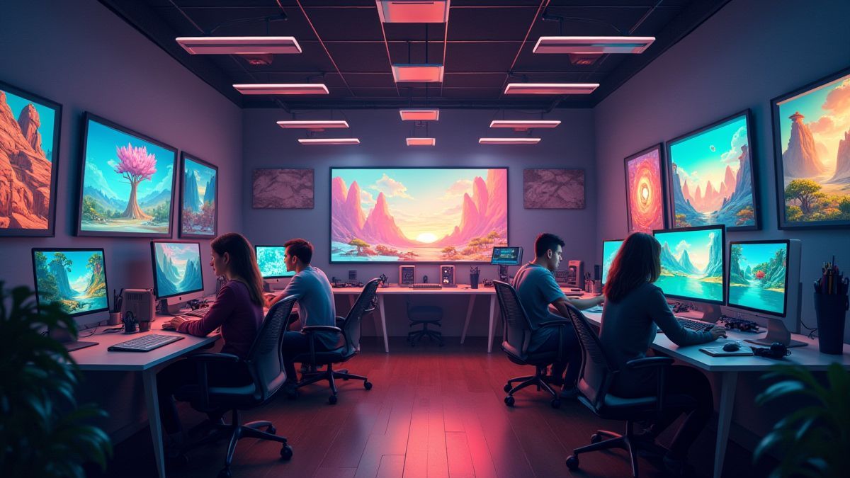 Creatieve studio met ontwerpers die werken aan geanimeerde spelgraphics.