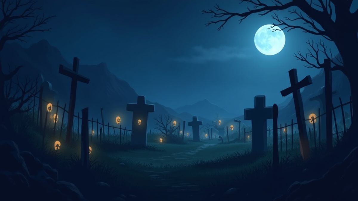 Um cemitério animado com lápides brilhantes sob a lua cheia.