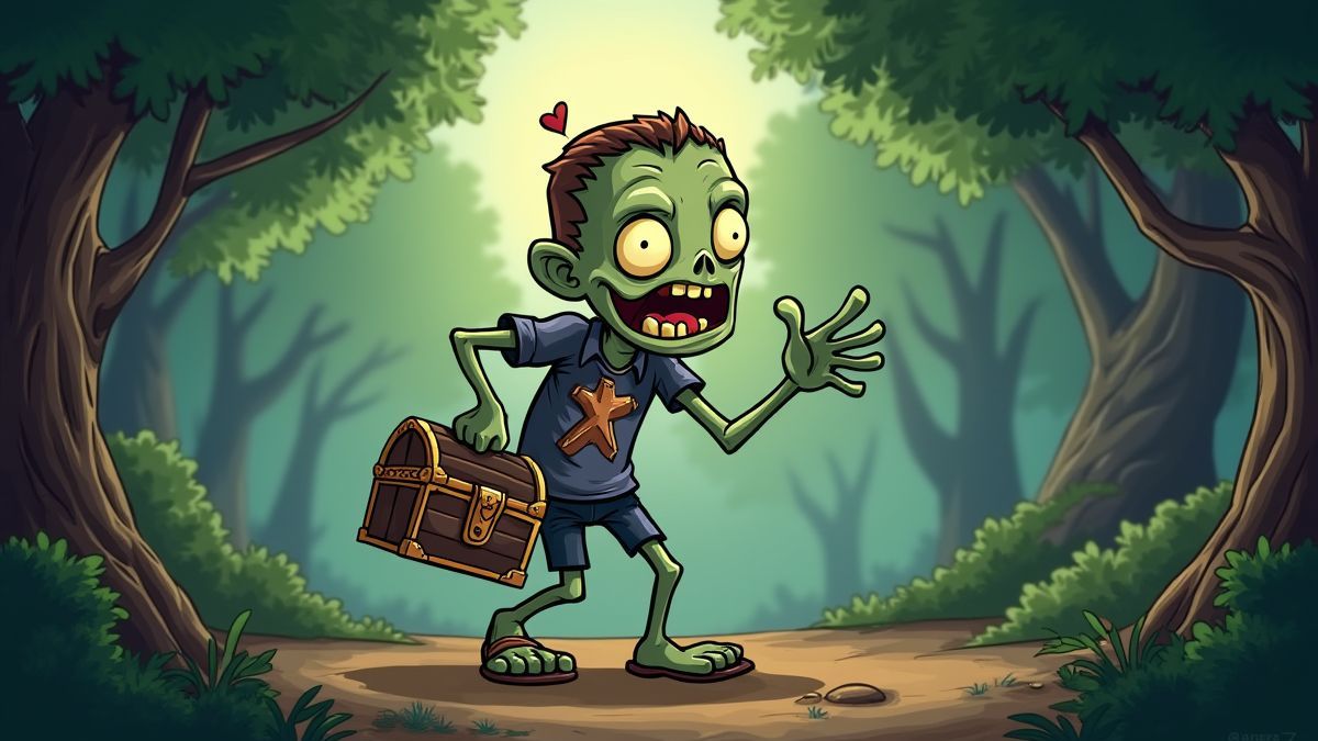 Um zumbi caricaturesco segurando um baú do tesouro em uma floresta.