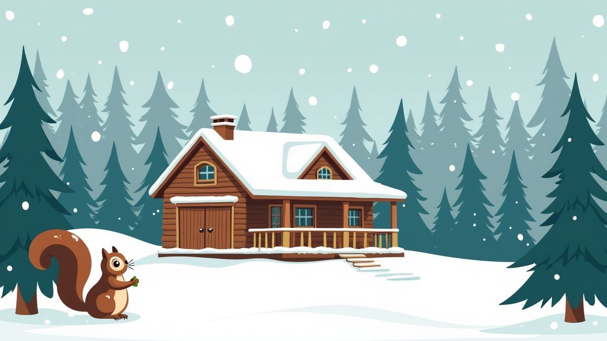 A snowy cabin surrounded by trees with a squirrel holding nuts.