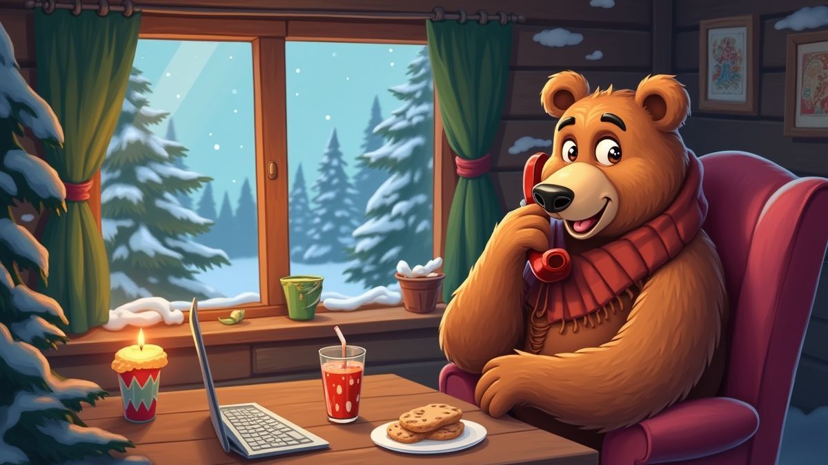 A mother bear talking on the phone in a cozy cabin.