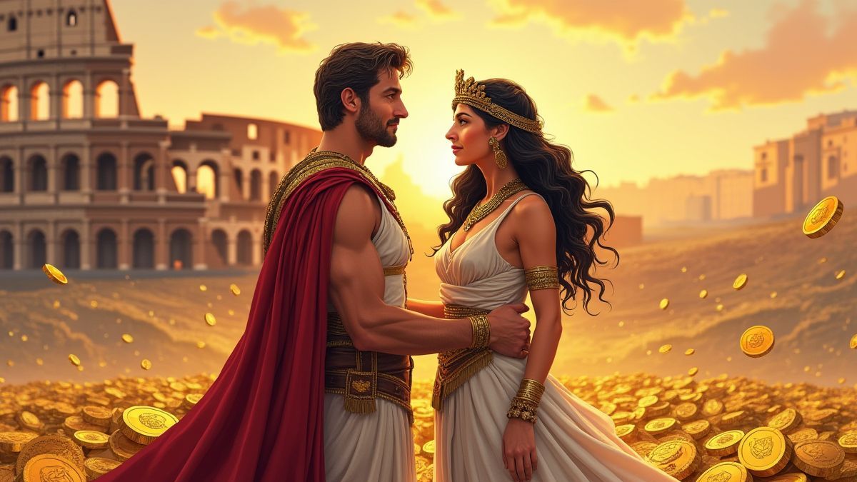 Caesar and Cleopatra in front of the Colosseum surrounded by gold coins.