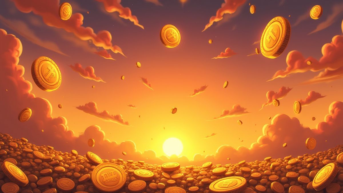 Golden coins and Roman symbols falling from the sky at sunset.