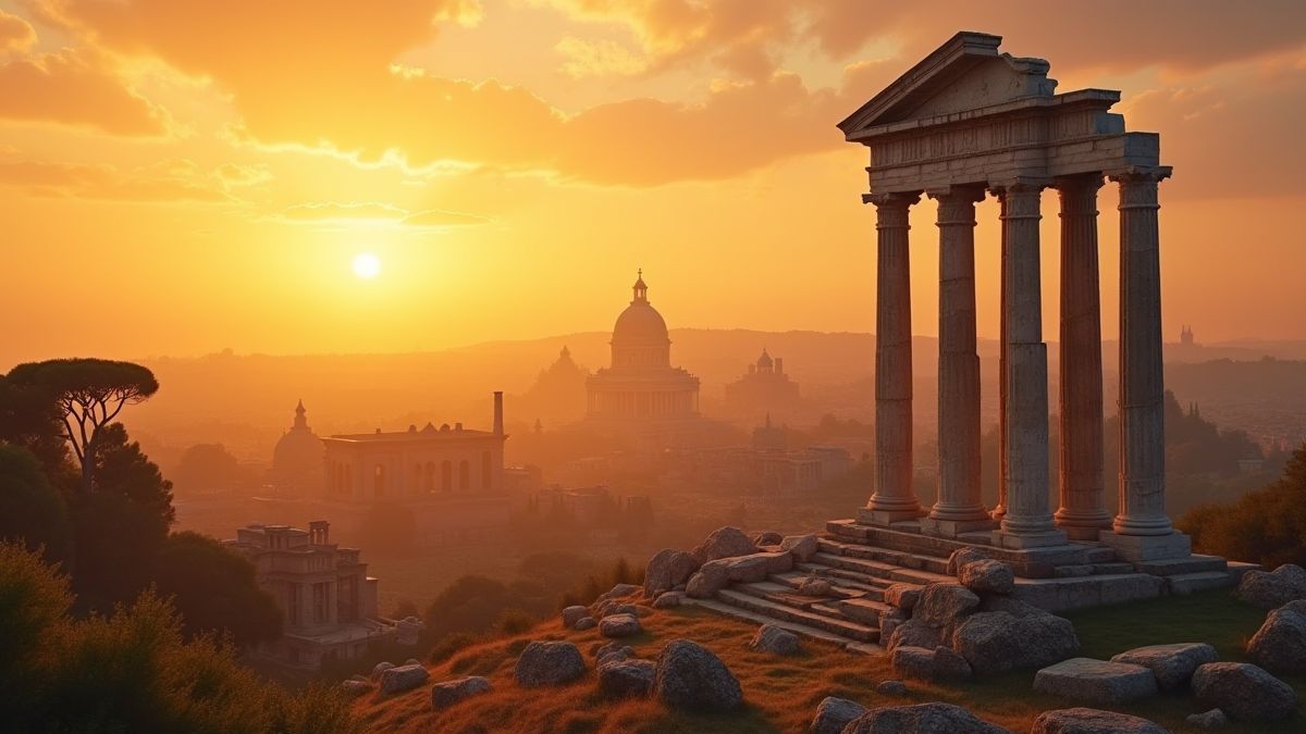 Columnas romanas bajo un espectacular atardecer.