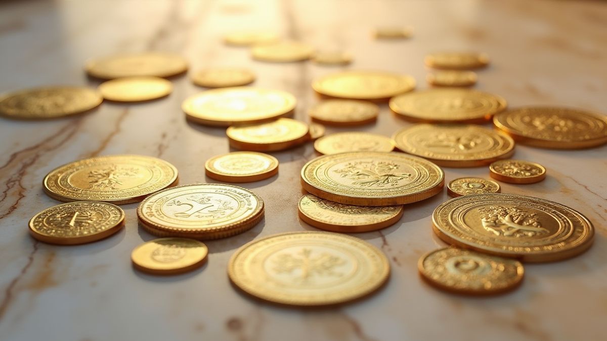 Monedas de oro sobre una mesa romana de mármol.