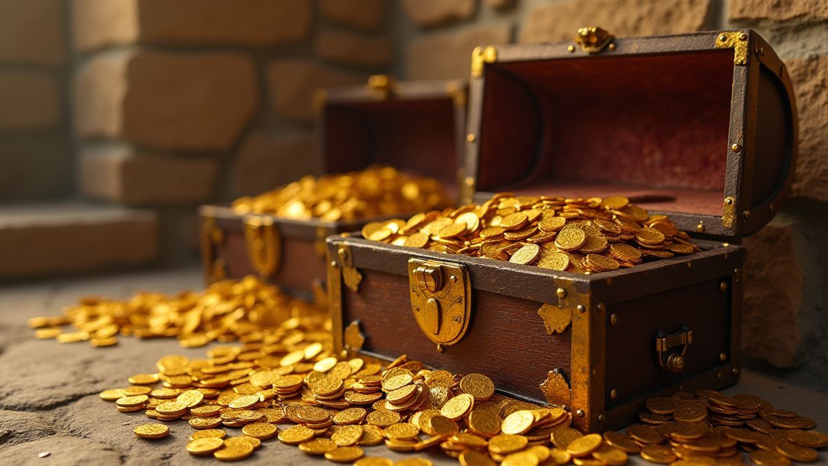 Chests filled with gold coins and gems.