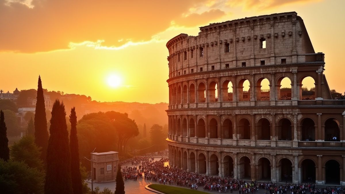 Roman Coliseum illuminated at sunset.