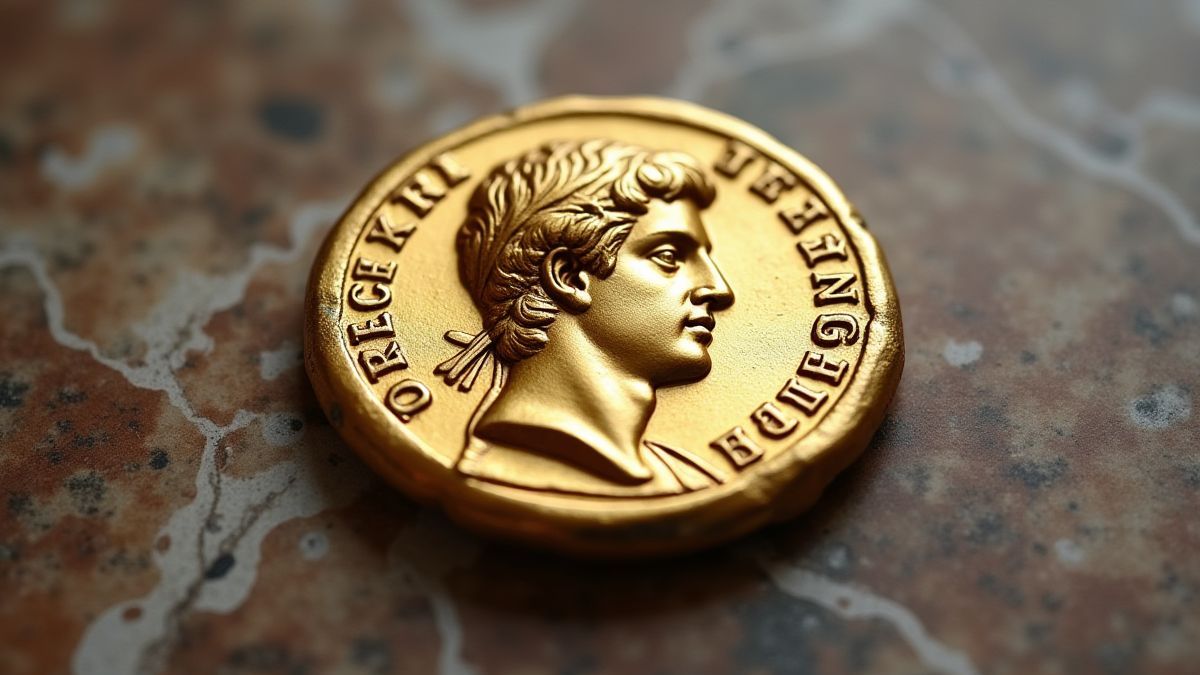 Een gouden Romeinse munt met het gedetailleerde gezicht van Caesar erop gegraveerd.