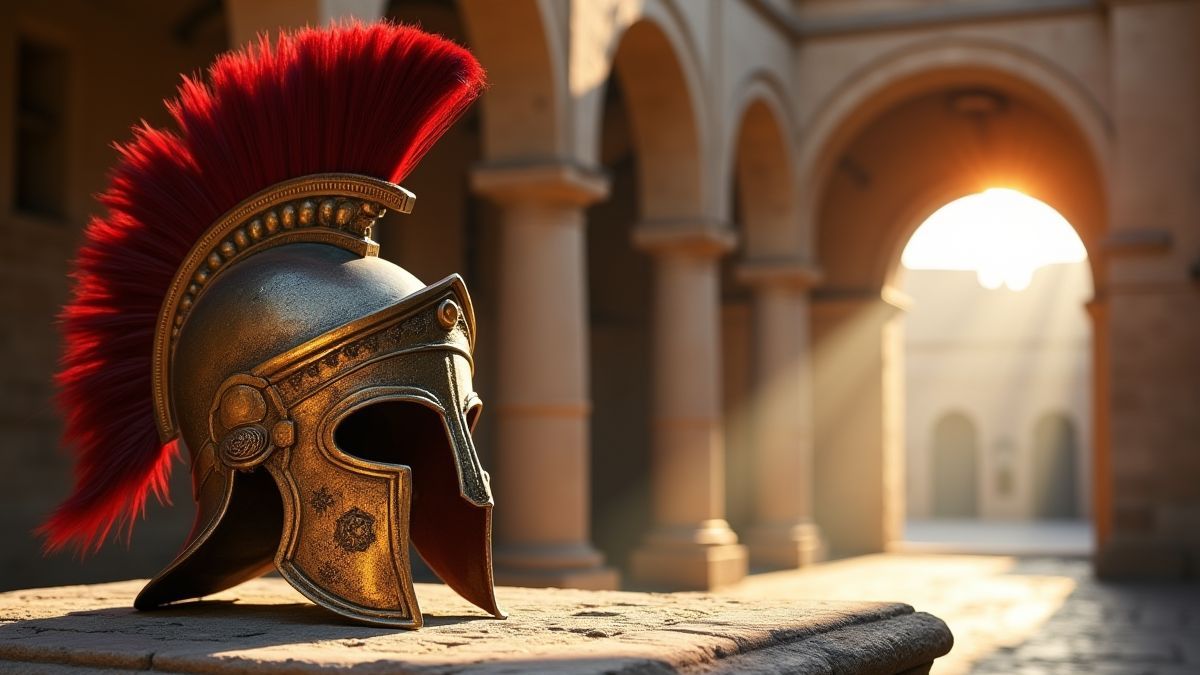 Een gedetailleerde Romeinse gladiatorhelm op een stenen tafel met zonlicht dat door een oude boog stroomt.