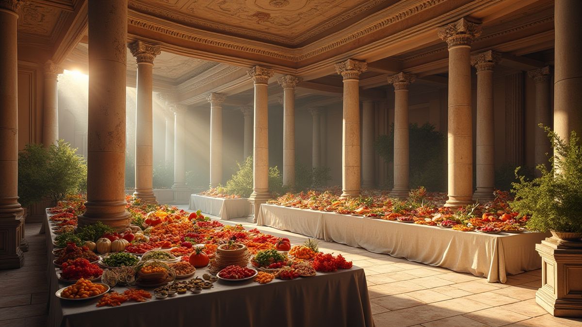 A Roman-style hall with a table full of colorful ingredients.