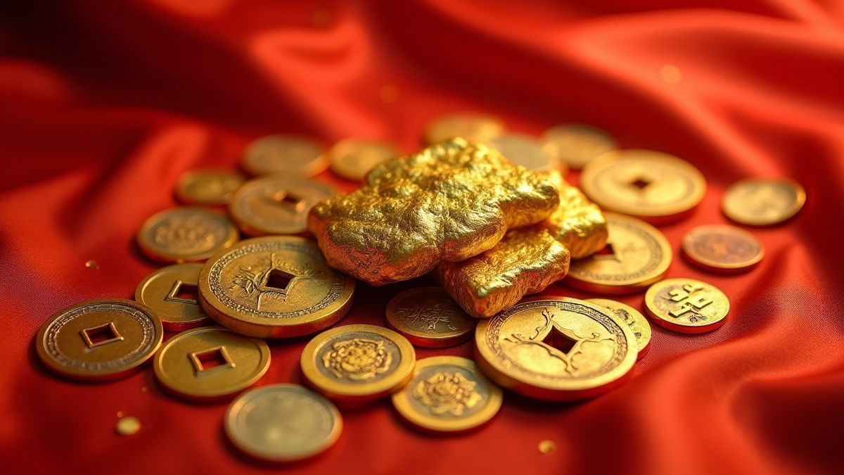 Lingotes de oro y monedas antiguas sobre tela de seda.