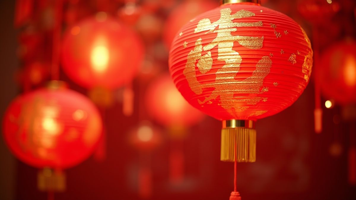 Celebración del Año Nuevo chino con farolillos y decoraciones doradas.