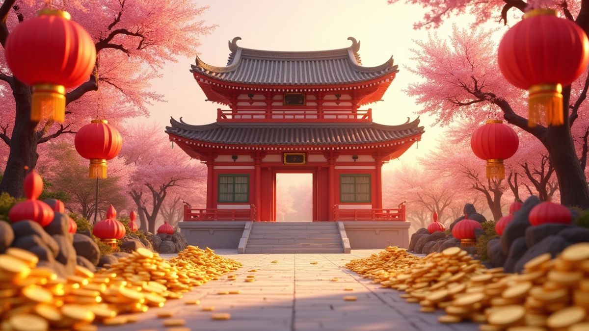 Asian temple decorated with golden coins and red lanterns.