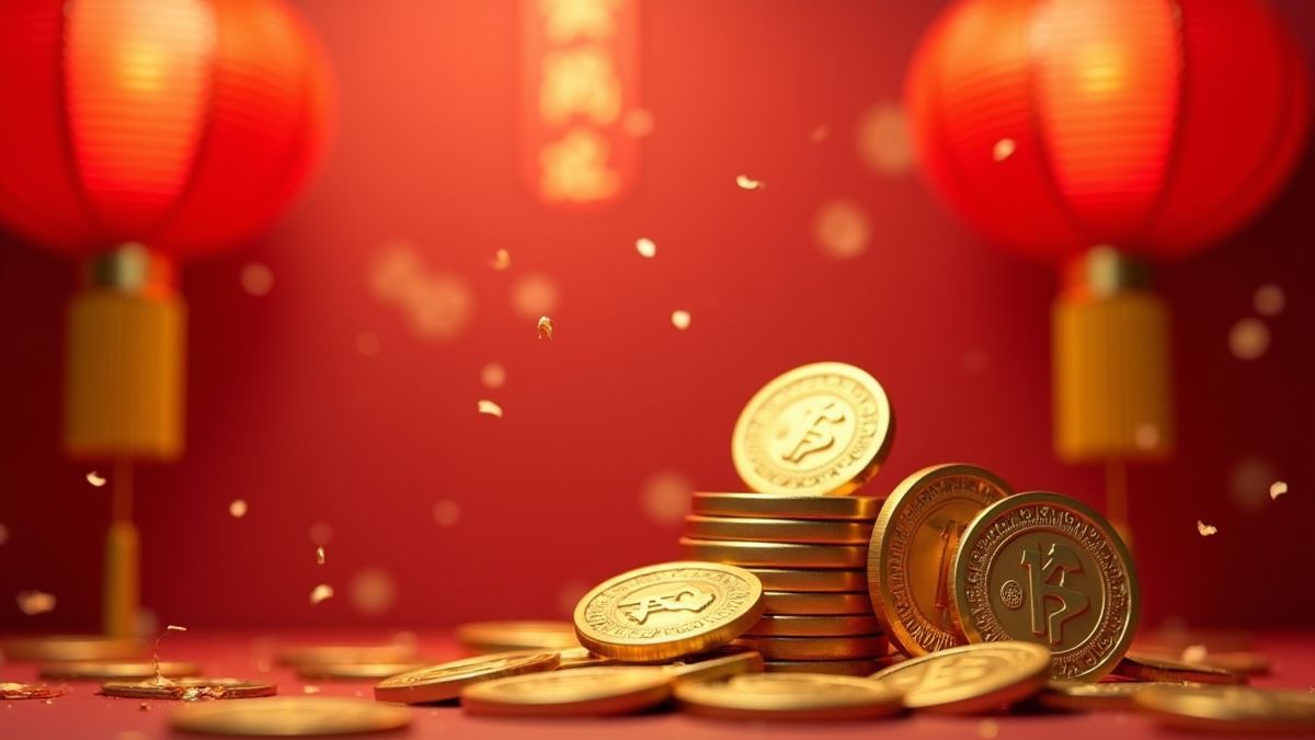 Golden coins and red lanterns in a festive Asian environment.