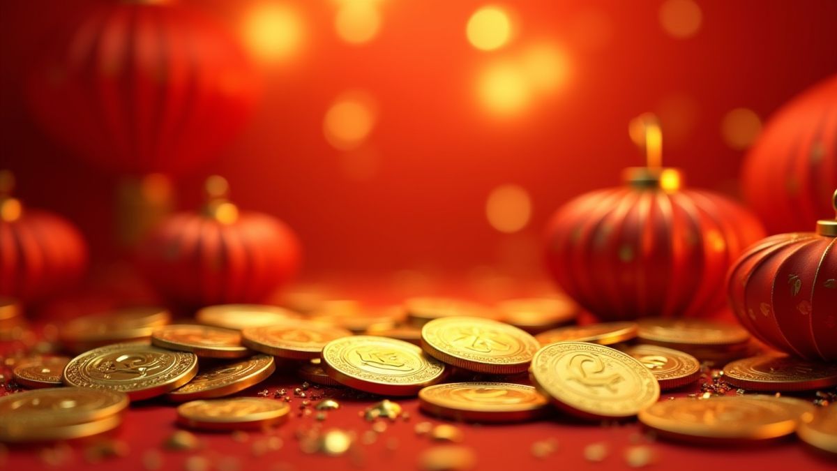 Monnaies dorées et lanternes chinoises en tons rouges et dorés.