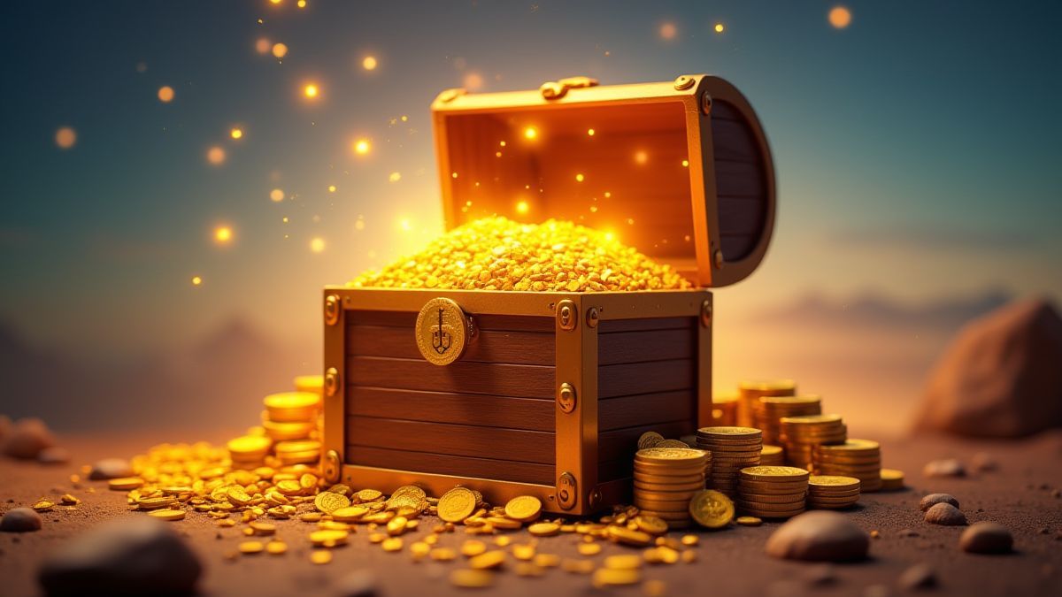 Un coffre au trésor rempli de pièces dorées et de symboles de la chance.