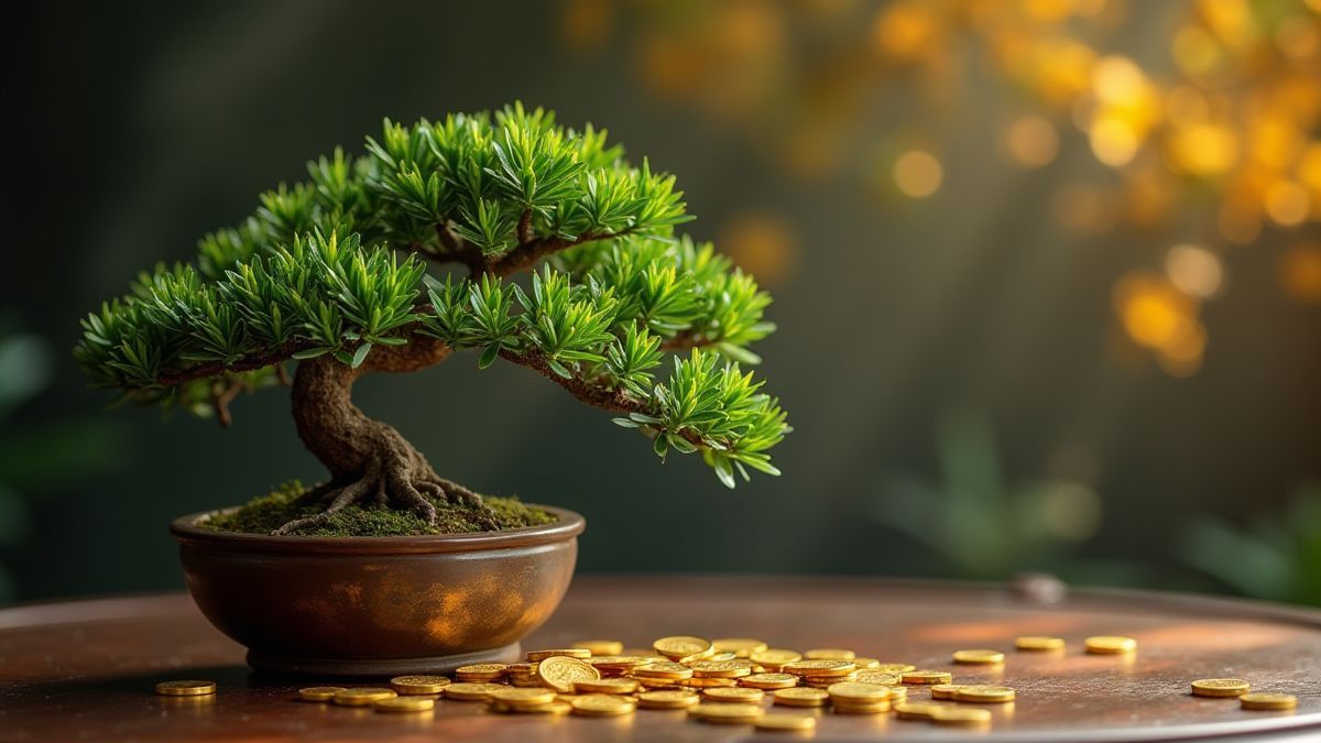 Bonsais and gold coins on a traditional Chinese table.