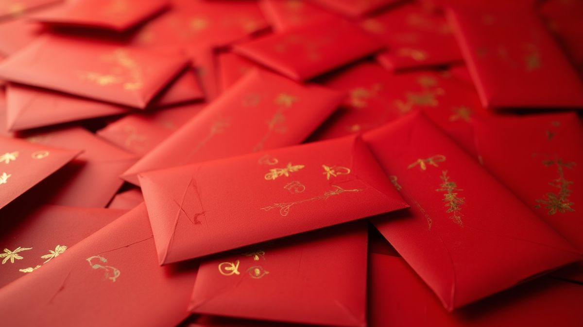 Red envelopes on a traditional Chinese table.