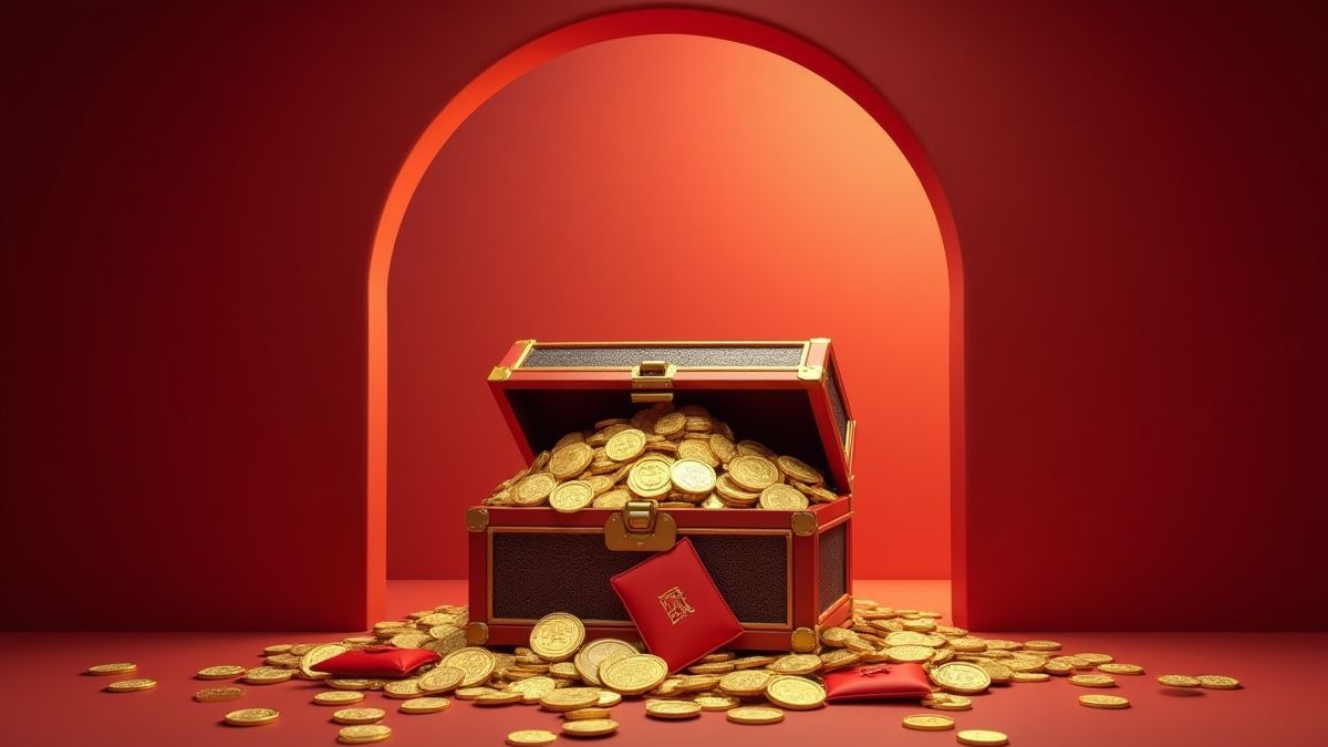 A treasure chest filled with gold coins and red envelopes under a Chinese arch.