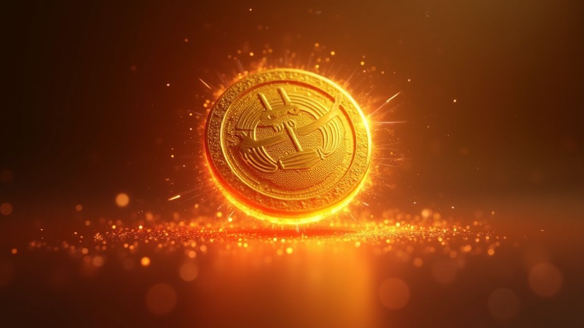 A golden coin spinning in the air with sparkles and red streaks.