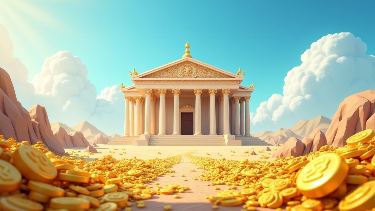 Templo rodeado de moedas de ouro e tesouros sob um céu azul.