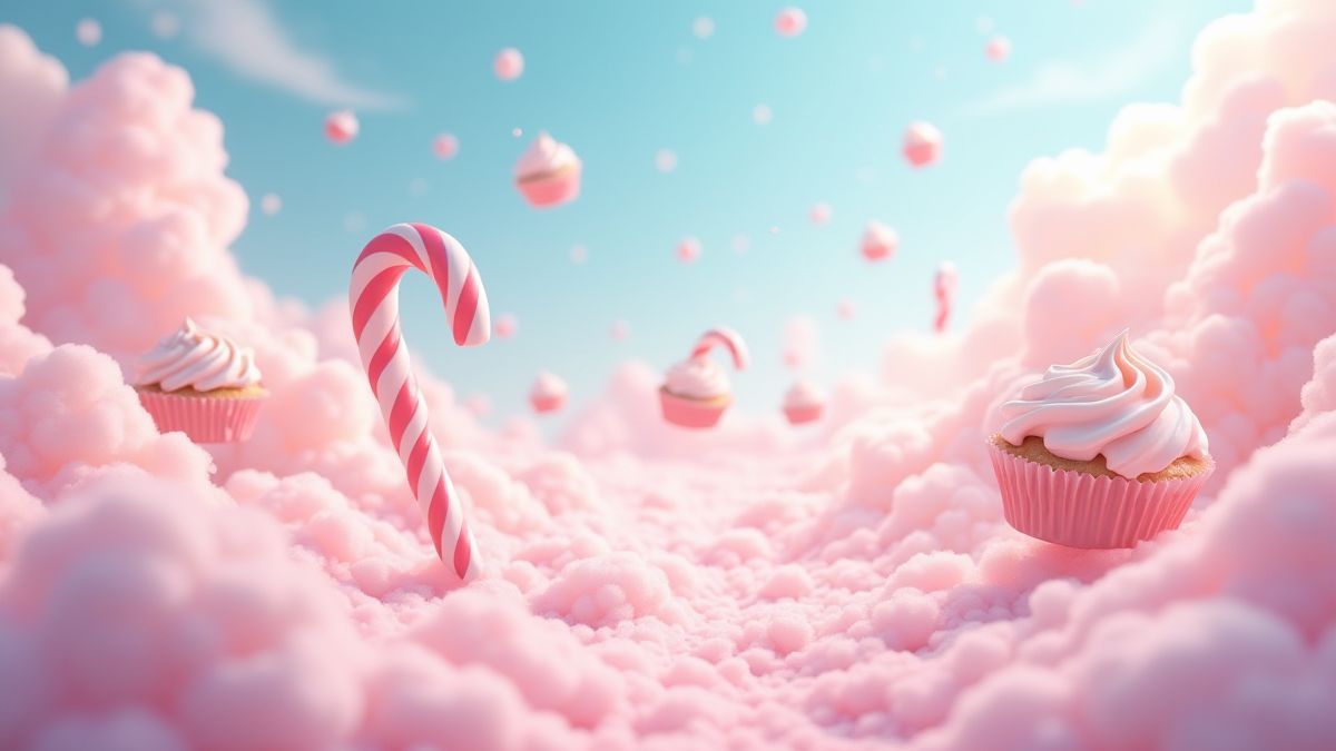 Fantasy world with floating cupcakes and giant candies.