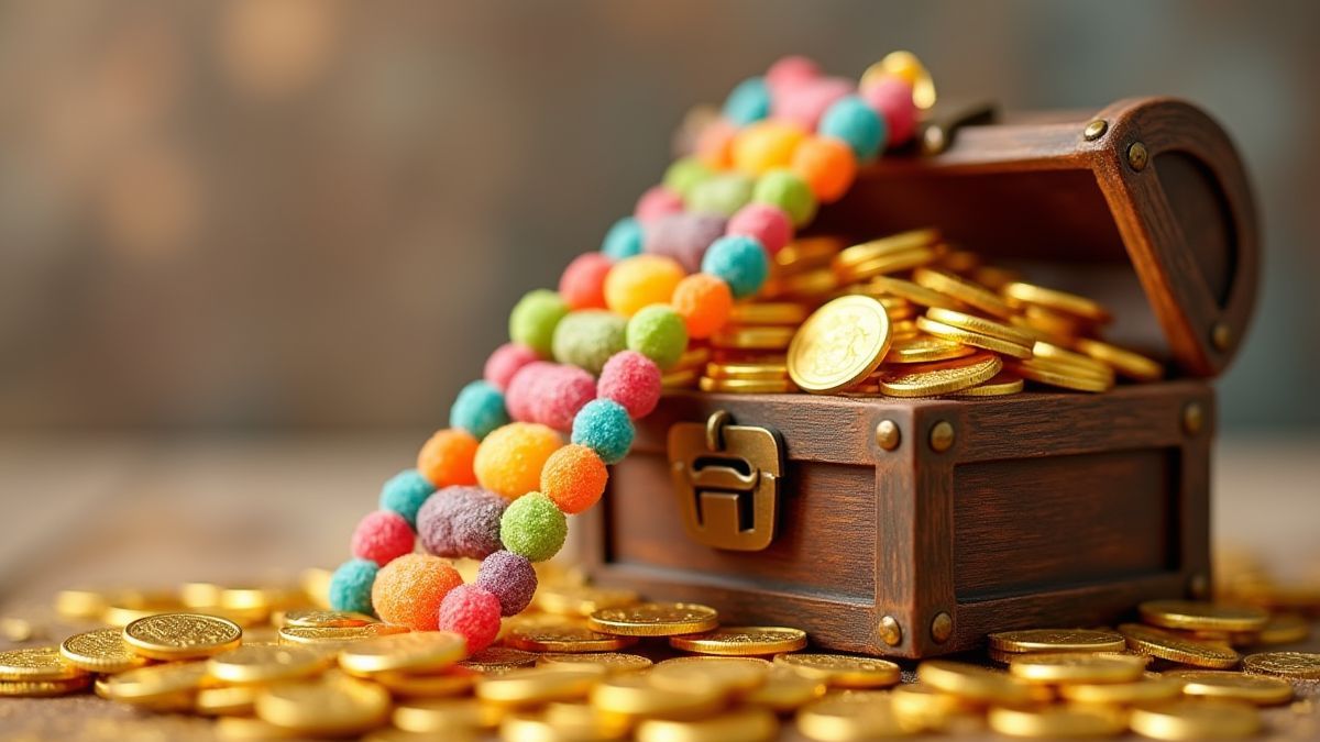 Candy ladder leading to a chest full of gold coins.