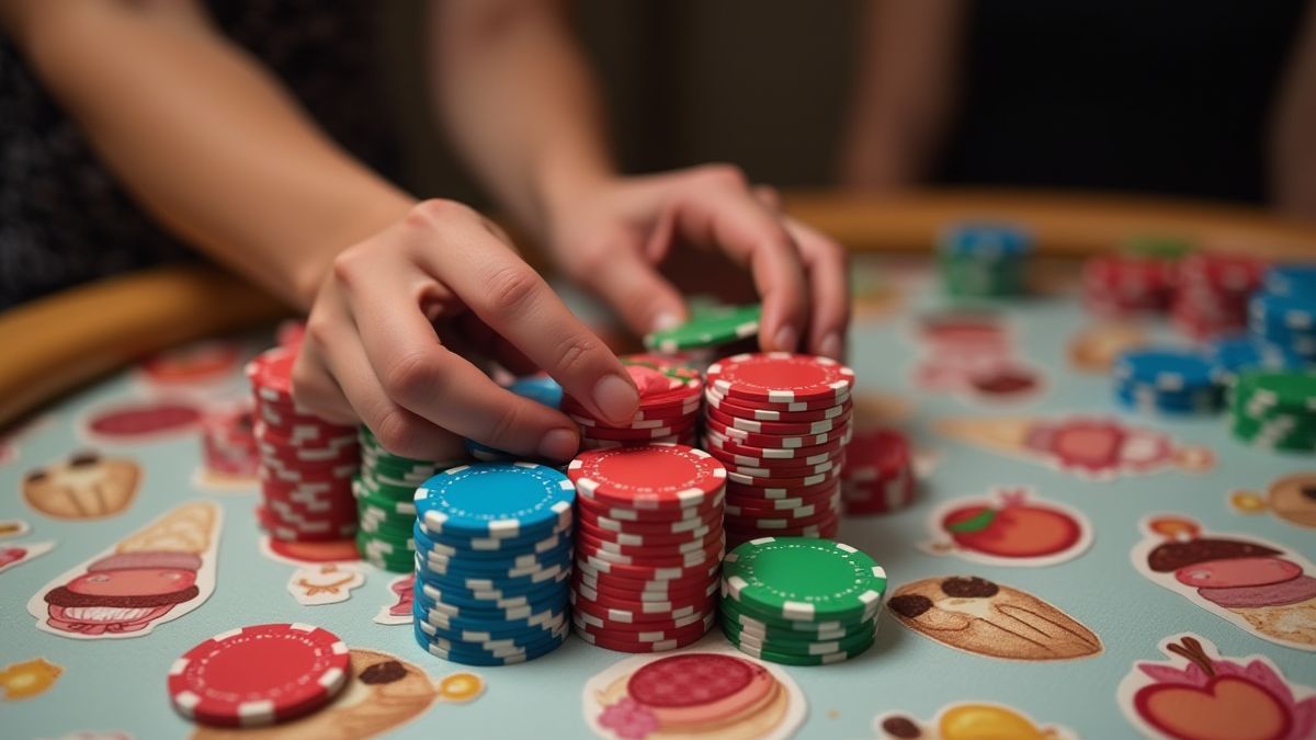 Ein Stapel bunter Chips auf einem mit Desserts dekorierten Tisch.