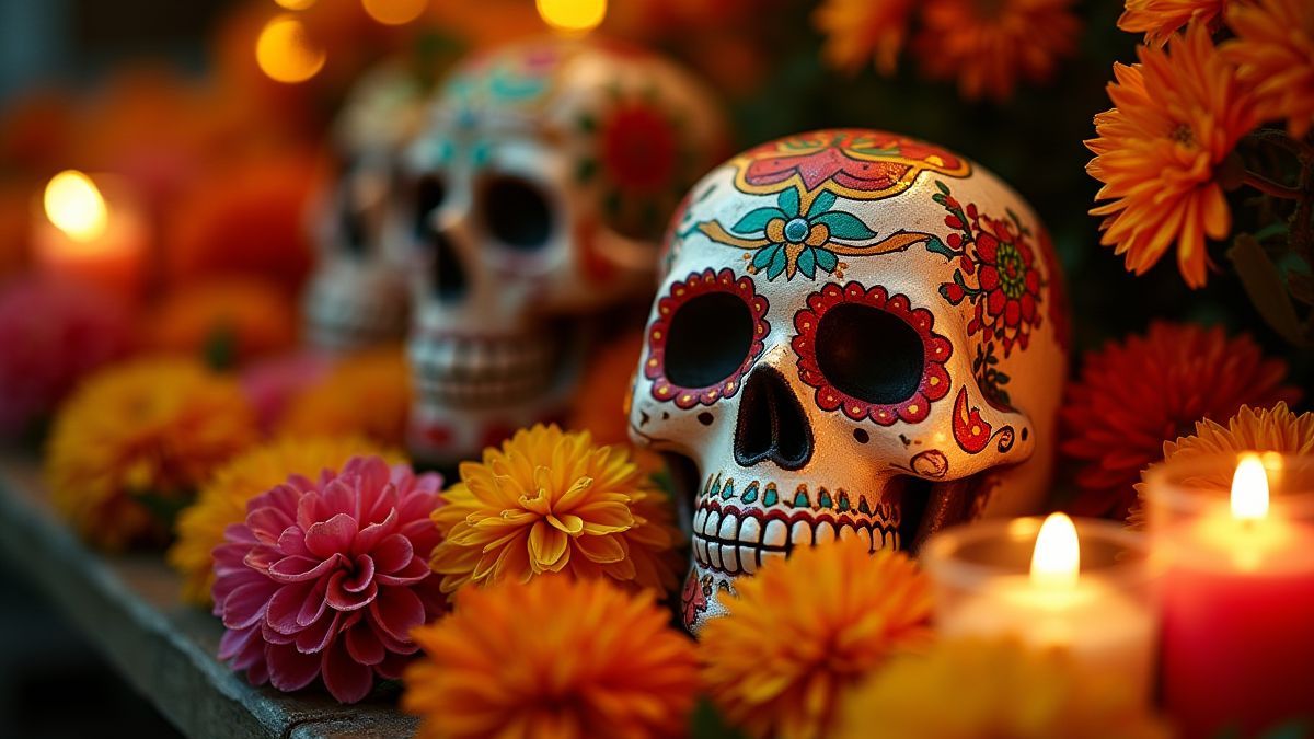 Un altar festif décoré avec des fleurs de cempasúchil et des calaveras de azúcar.