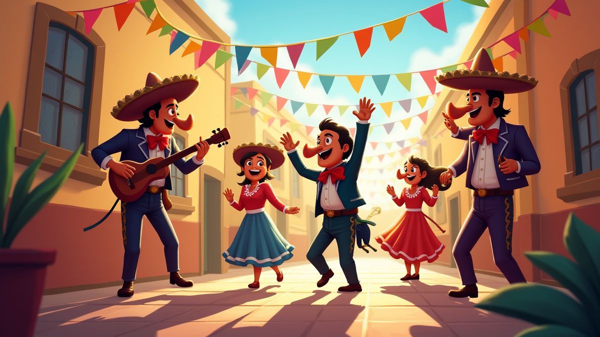 Célébration festive avec des décorations colorées et des mariachis.