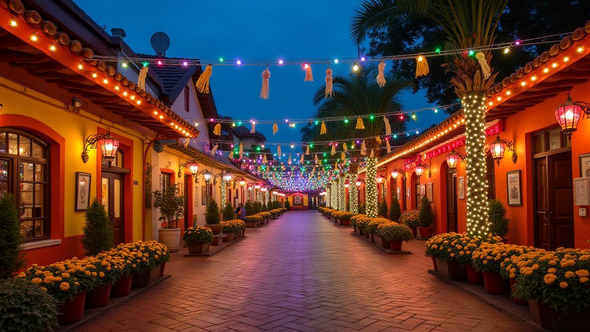 Plaza mexicana decorada com flores e luzes festivas.