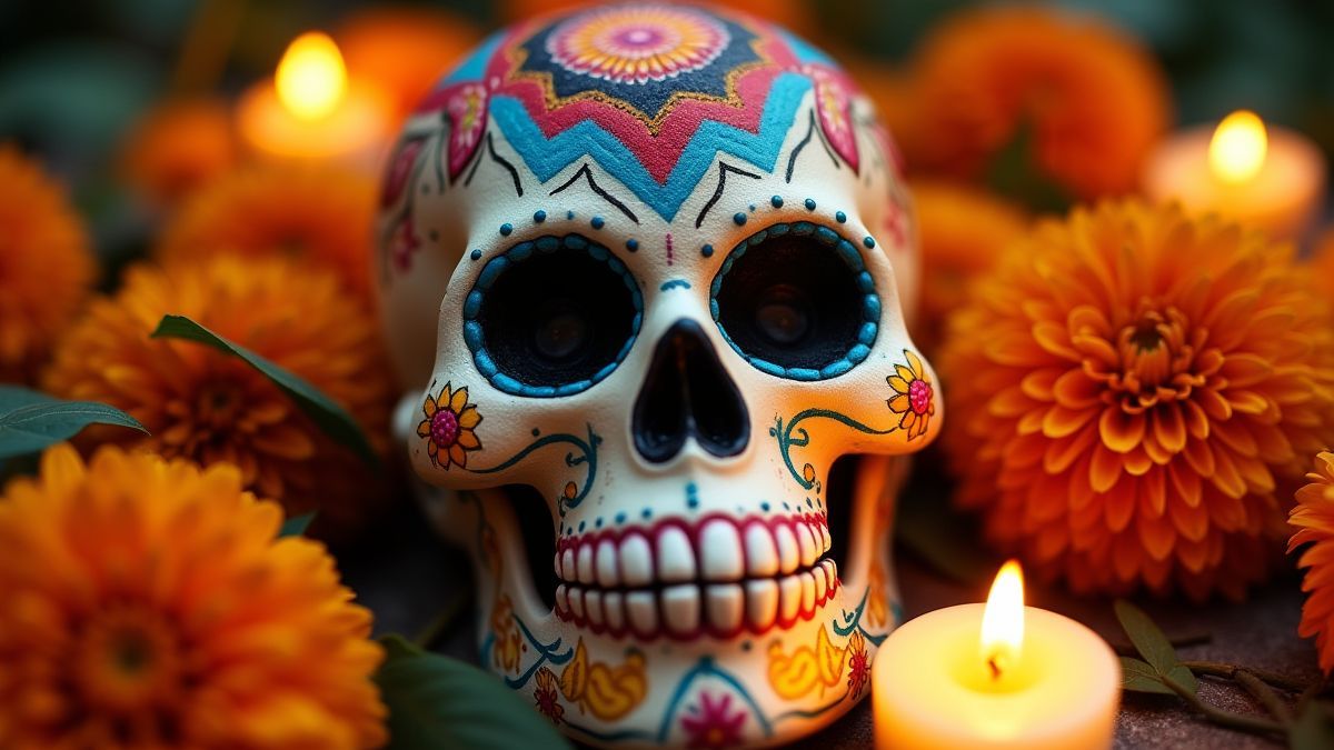 Calaveras de açúcar rodeadas de flores e velas.