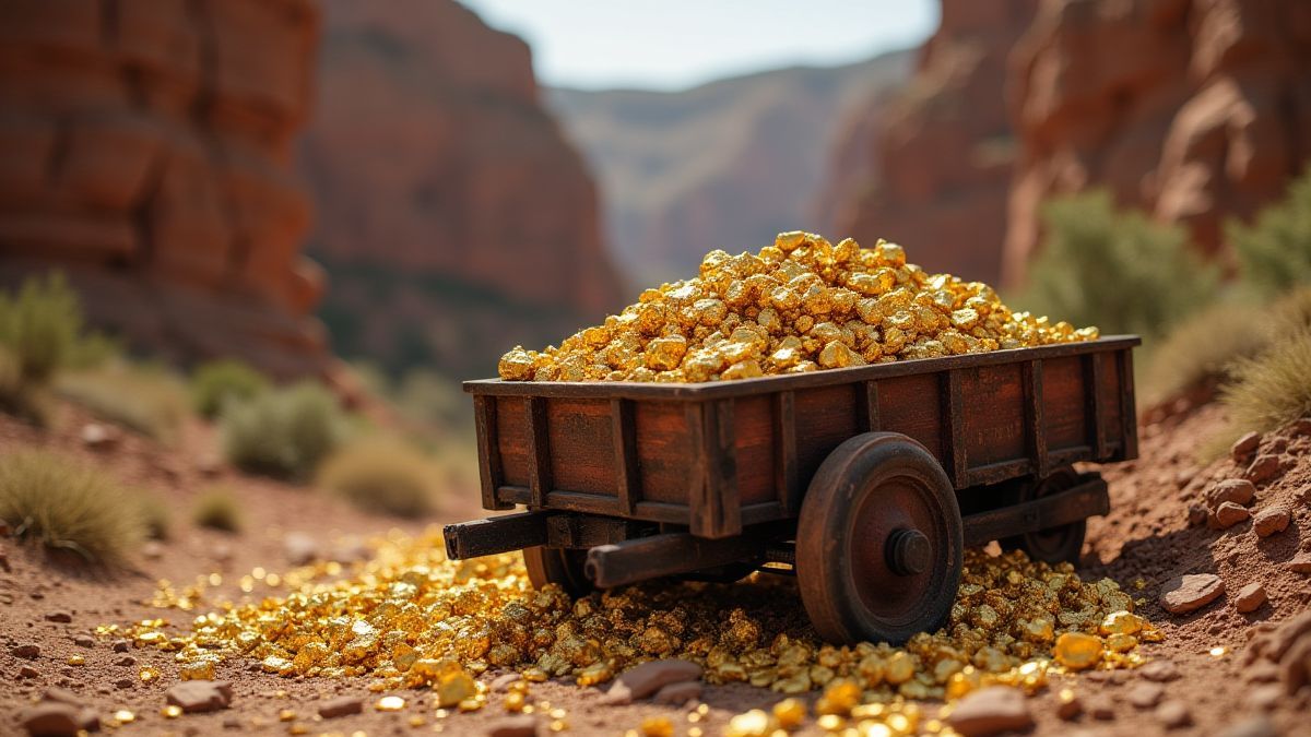 Un carro minero lleno de pepitas de oro en un paisaje rústico.
