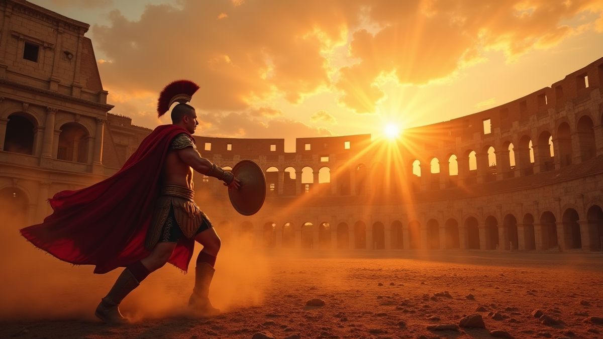 A gladiator fighting in the Coliseum under a spectacular sunset.