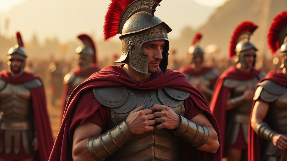 A Roman soldier adjusting his armor before the battle.