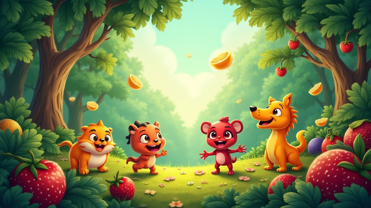 Uma selva vibrante com frutas como personagens interagindo de forma divertida.