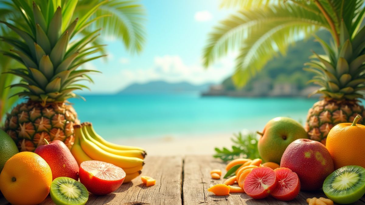 Uma cena tropical com frutas celebrando em um ambiente festivo.