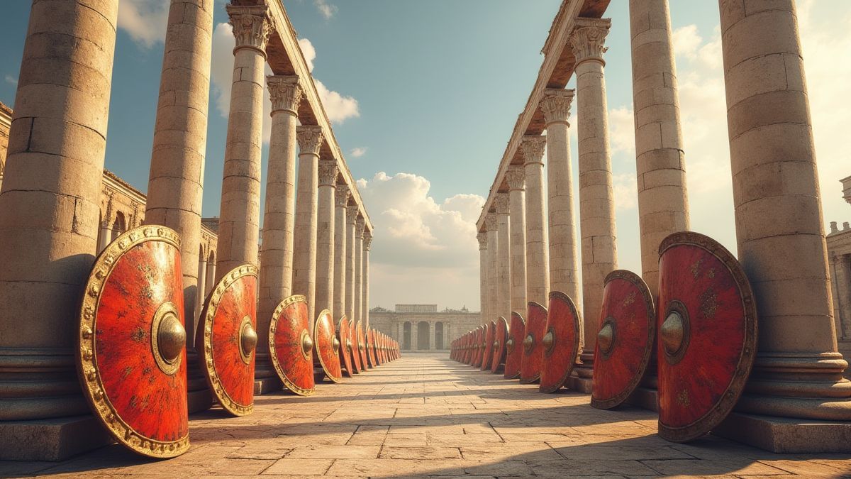 Colonnes romaines et boucliers de gladiateurs.