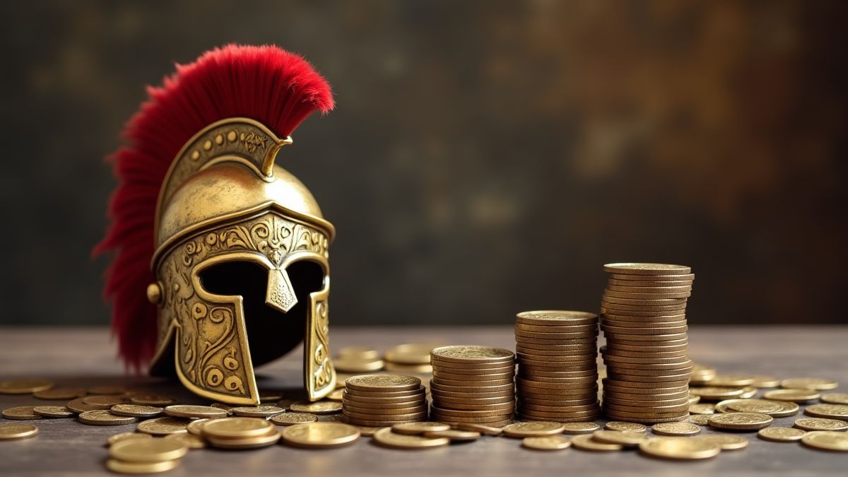 Monnaies et casques de gladiateurs romains.