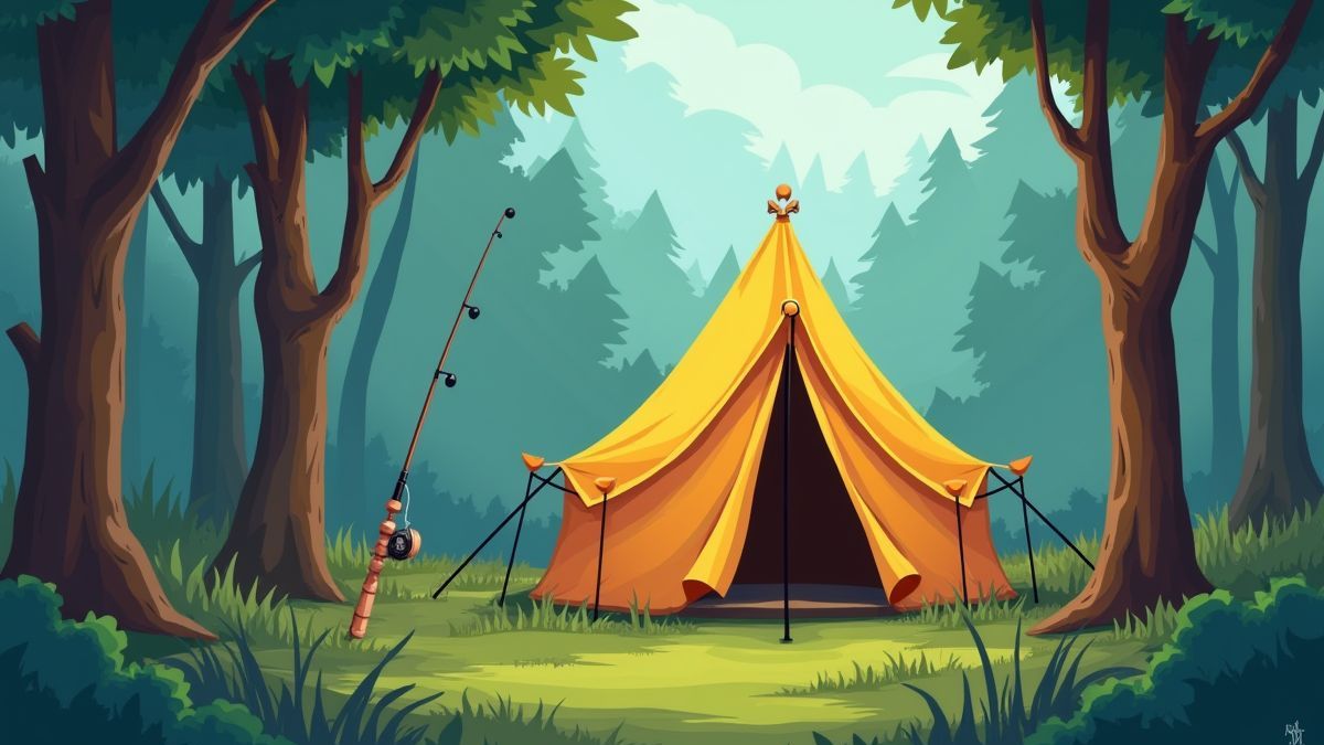 Una tienda de campaña animada rodeada de árboles con una caña de pescar apoyada.