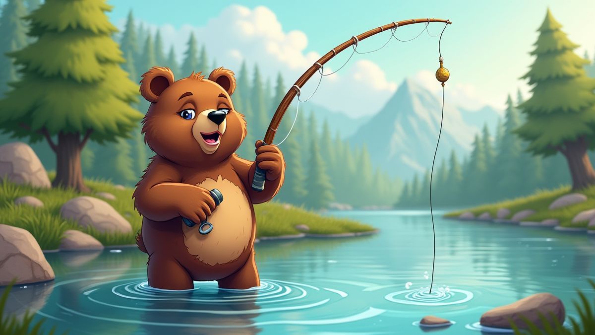 Un oso grizzly animado pescando torpemente en un río.