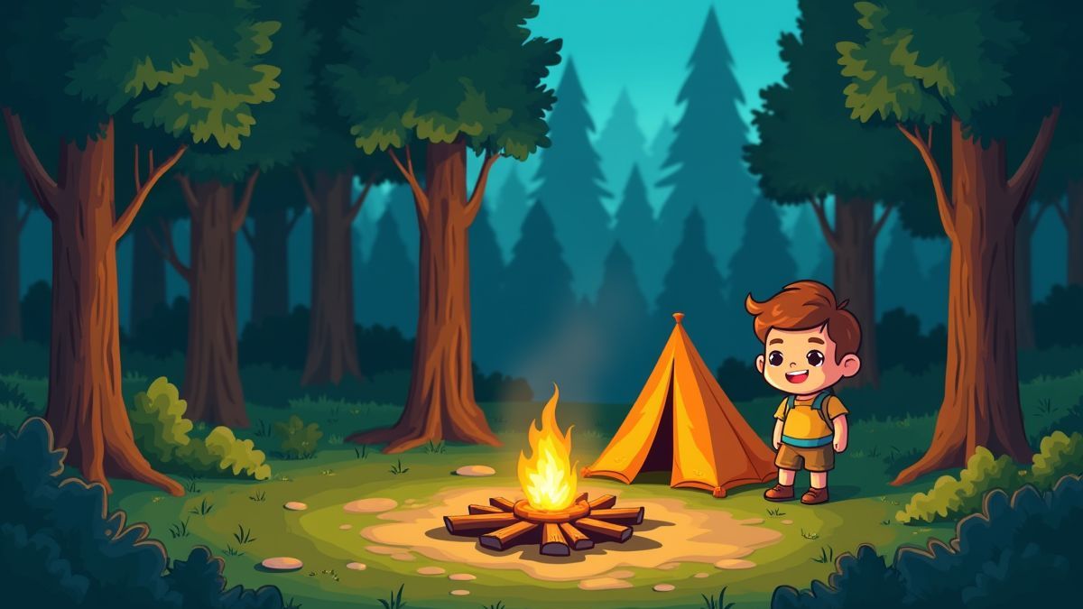 Un claro animado en el bosque con un campista feliz junto a una fogata.