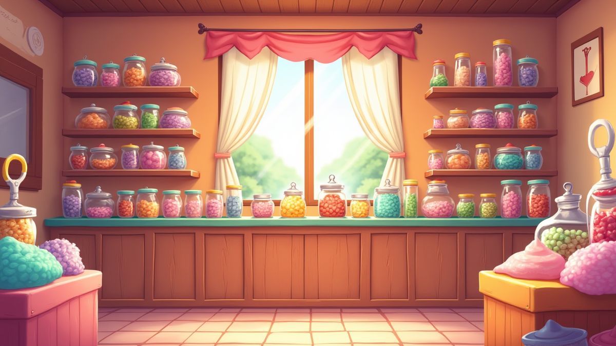 Ein animierter Süßwarenladen voller bunter Süßigkeiten und Gläser.