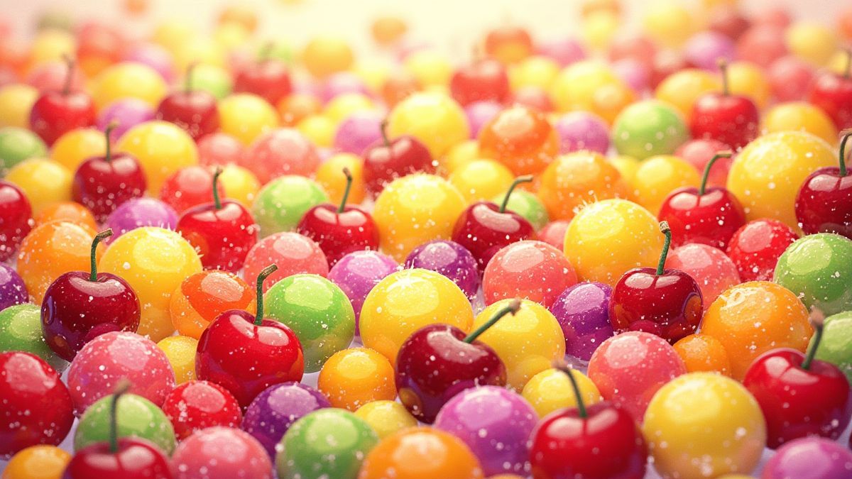 Mezcla vibrante de caramelos y frutas con fondo brillante