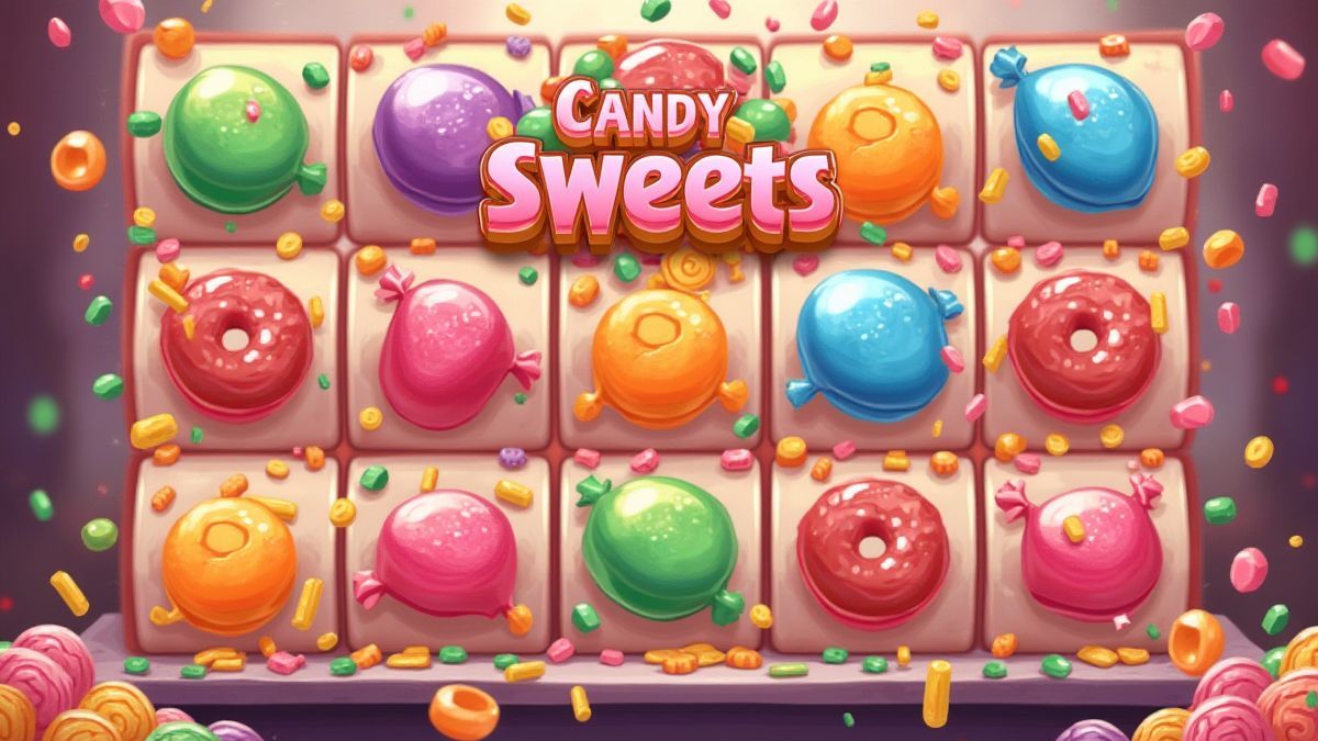 Interfaz de tragamonedas temática de caramelos con dulces cayendo en cascada.