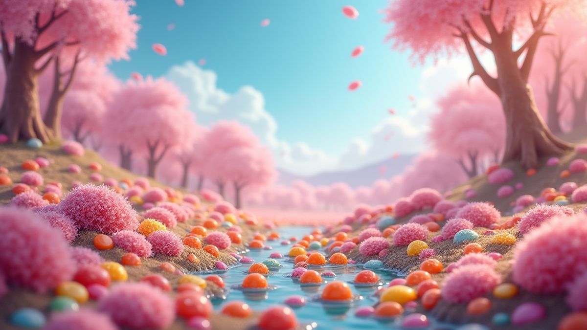 Colorful candies in a magical landscape.